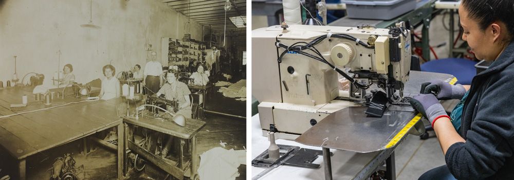 The original sewing room and what the sewing process looks like today