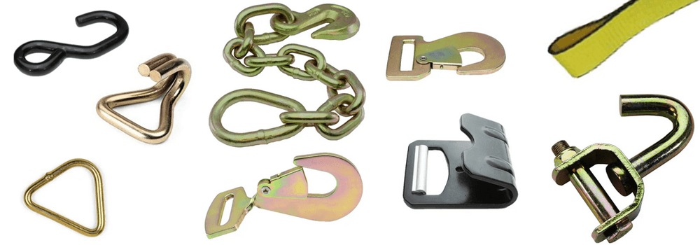1 inch and 2 inch hardware end fittings - S-hook, wire hook, chain anchor, snap hook
