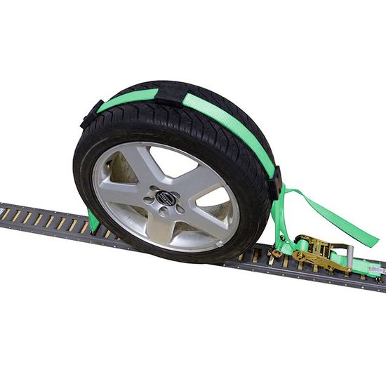 511211HF-6AUTO1 2 x 12 Auto Hauling Wheel Ratchet Strap with E-Track Fittings Idler Rubber Cleats - High Visibility Green