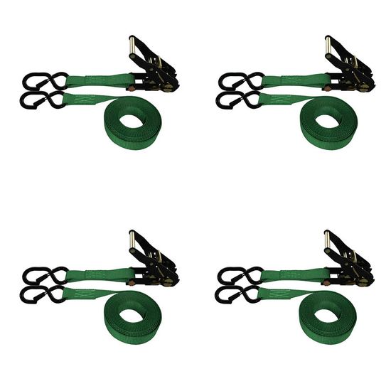71B1287KPF-PK 1 x 12 Ratchet Strap With Black Ratchet and S-Hooks With Keeper 4 Pack - Green