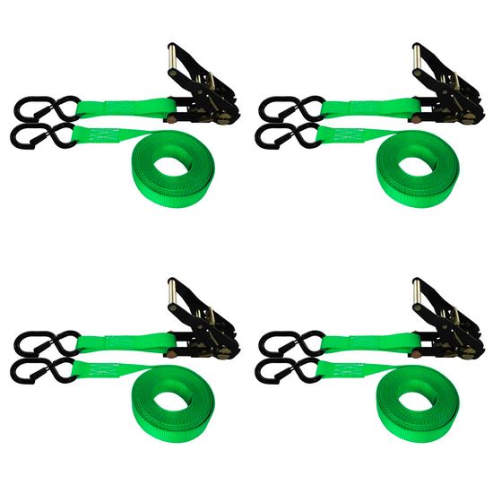 71B1487KPLF-PK 1 x 14 Ratchet Strap With Black Ratchet and S-Hooks With Keeper 4 Pack - Lime Green