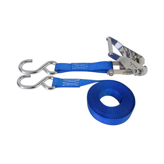 71SS0887SSBL-6 1 x 8 Stainless Steel Ratchet Strap With Stainless Steel S-Hooks - Blue