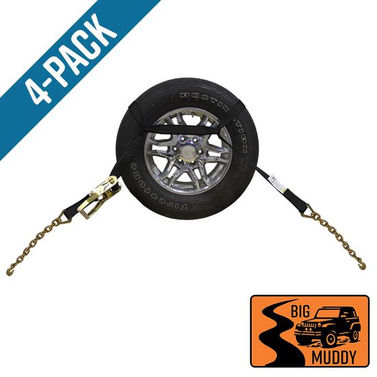 BM571040B-MIN-PK Big Muddy Oversized Tire 2 x 10 Ratchet Strap with Chain Anchors 4 Pack - Black
