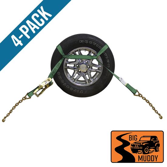 BM571040F-MIN-PK Big Muddy Oversized Tire 2 x 10 Ratchet Strap with Chain Anchors 4 Pack - Green