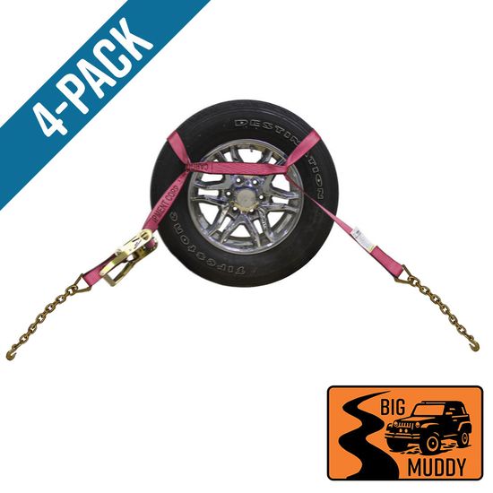 BM571040P-MIN-PK Big Muddy Oversized Tire 2 x 10 Ratchet Strap with Chain Anchors 4 Pack - Pink