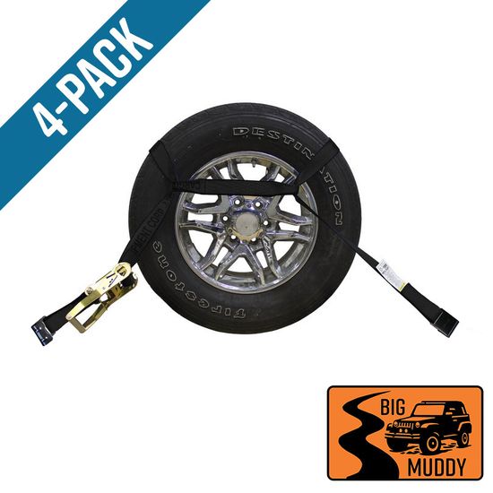 BM571220B-MIN-PK Big Muddy Oversized Tire 2 x 12 Ratchet Strap with Flat Hooks 4 Pack - Black
