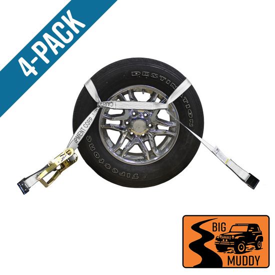BM571220N-MIN-PK Big Muddy Oversized Tire 2 x 12 Ratchet Strap with Flat Hooks 4 Pack - White
