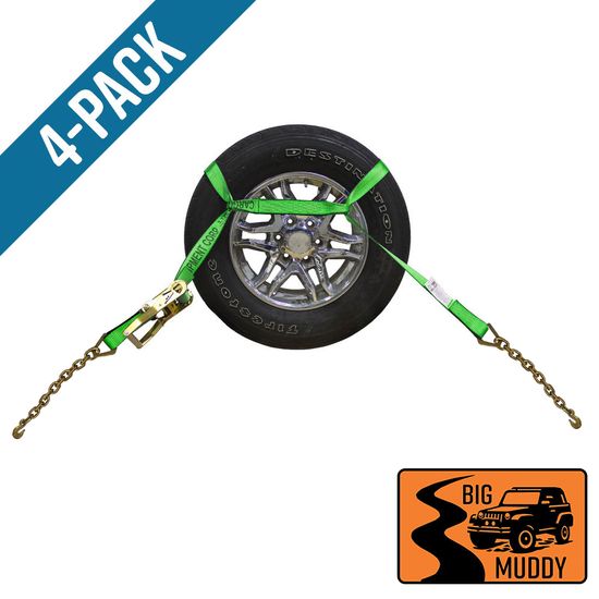 BM571240HF-MIN-PK Big Muddy Oversized Tire 2 x 12 Ratchet Strap with Chain Anchors 4 Pack - High Visibility Green