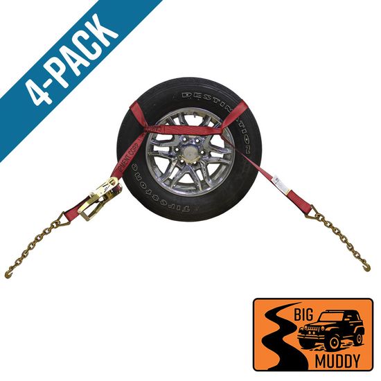 BM571240R-MIN-PK Big Muddy Oversized Tire 2 x 12 Ratchet Strap with Chain Anchors 4 Pack - Red