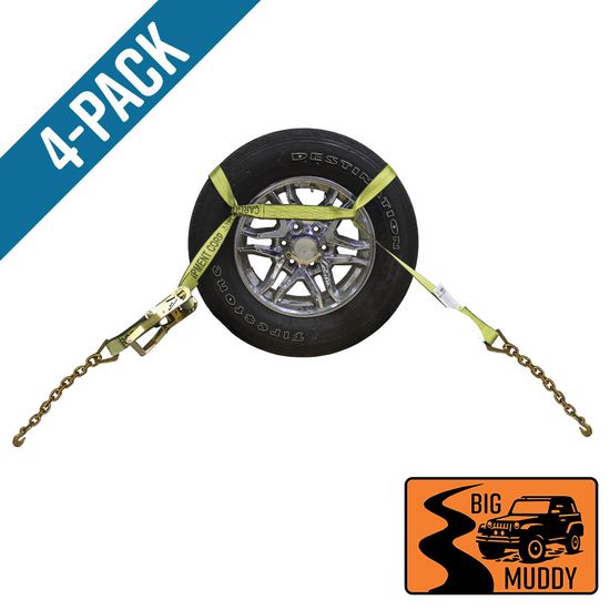 BM571240Y-MIN-PK Big Muddy Oversized Tire 2 x 12 Ratchet Strap with Chain Anchors 4 Pack - Yellow