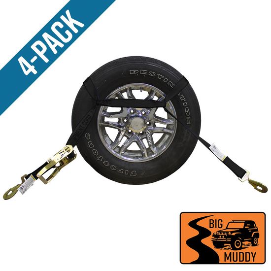 BM571264B-MIN-PK Big Muddy Oversized Tire 2 x 12 Ratchet Strap with Twisted Snap Hooks 4 Pack - Black