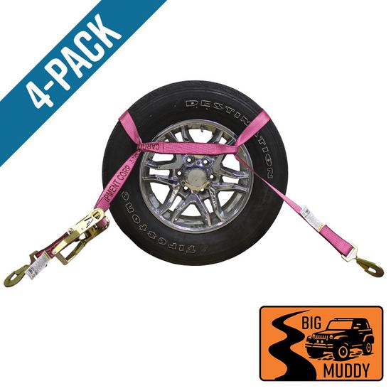 BM571264P-MIN-PK Big Muddy Oversized Tire 2 x 12 Ratchet Strap with Twisted Snap Hooks 4 Pack - Pink