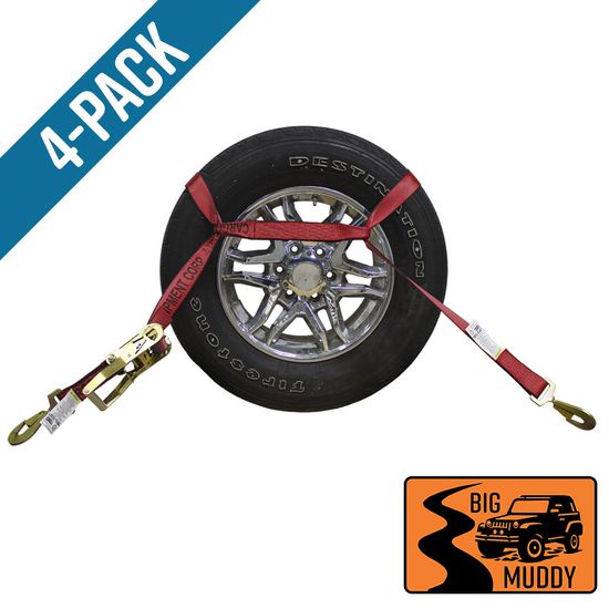 BM571264R-MIN-PK Big Muddy Oversized Tire 2 x 12 Ratchet Strap with Twisted Snap Hooks 4 Pack - Red