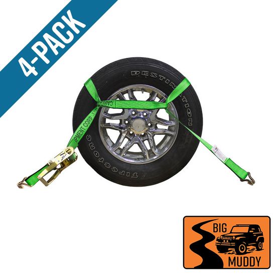 BM571284HF-MIN-PK Big Muddy Oversized Tire 2 x 12 Ratchet Strap with Wire Hooks 4 Pack - High Visibility Green