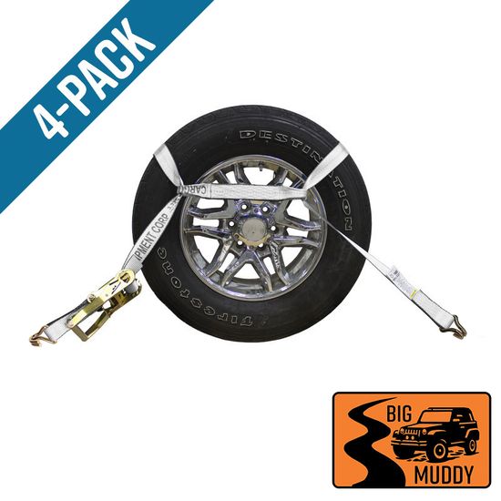 BM571284N-MIN-PK Big Muddy Oversized Tire 2 x 12 Ratchet Strap with Wire Hooks 4 Pack - White