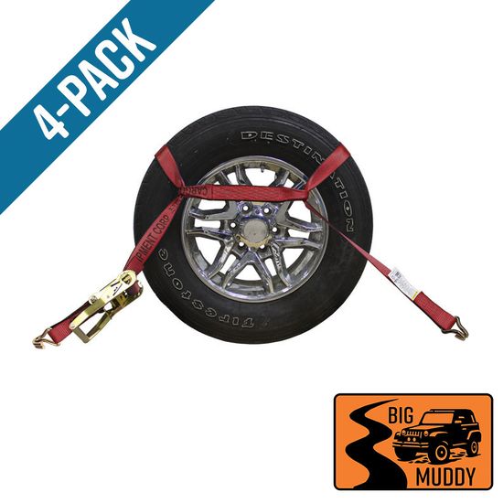 BM571284R-MIN-PK Big Muddy Oversized Tire 2 x 12 Ratchet Strap with Wire Hooks 4 Pack - Red