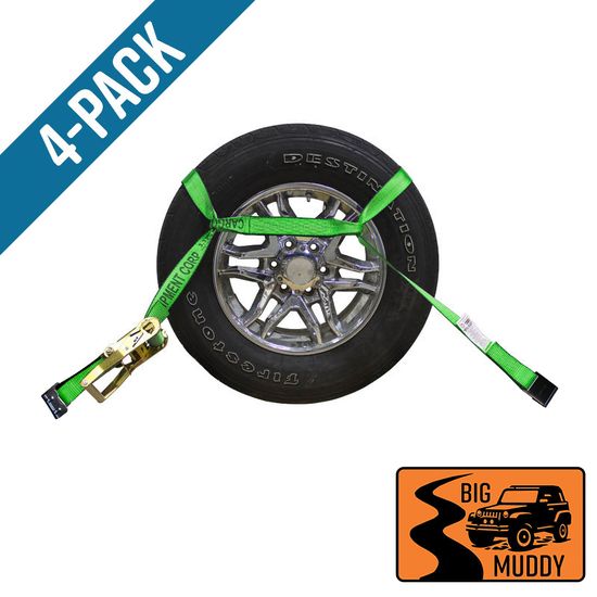 BM571420HF-MIN-PK Big Muddy Oversized Tire 2 x 14 Ratchet Strap with Flat Hooks 4 Pack - High Visibility Green