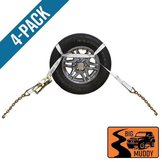 BM571440N-MIN-PK Big Muddy Oversized Tire 2 x 14 Ratchet Strap with Chain Anchors 4 Pack - White