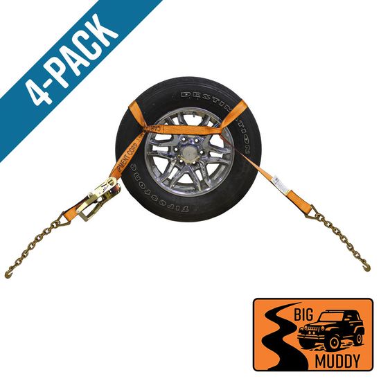 BM571440O-MIN-PK Big Muddy Oversized Tire 2 x 14 Ratchet Strap with Chain Anchors 4 Pack - Orange