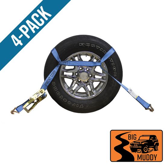 BM571484BL-MIN-PK Big Muddy Oversized Tire 2 x 14 Ratchet Strap with Wire Hooks 4 Pack - Blue