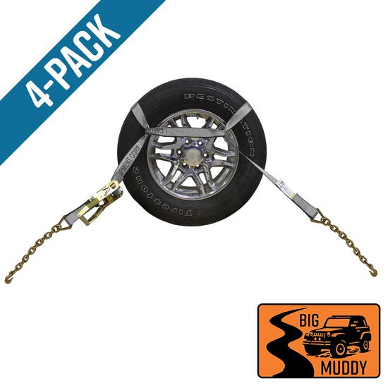 BM571840G-MIN-PK Big Muddy Oversized Tire 2 x 18 Ratchet Strap with Chain Anchors 4 Pack - Gray
