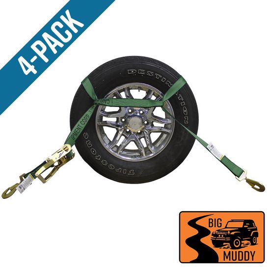 BM571864F-MIN-PK Big Muddy Oversized Tire 2 x 18 Ratchet Strap with Twisted Snap Hooks 4 Pack - Green