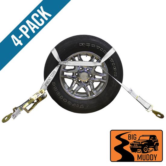 BM571864N-MIN-PK Big Muddy Oversized Tire 2 x 18 Ratchet Strap with Twisted Snap Hooks 4 Pack - White