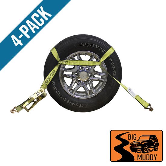 BM571884Y-MIN-PK Big Muddy Oversized Tire 2 x 18 Ratchet Strap with Wire Hooks 4 Pack - Yellow